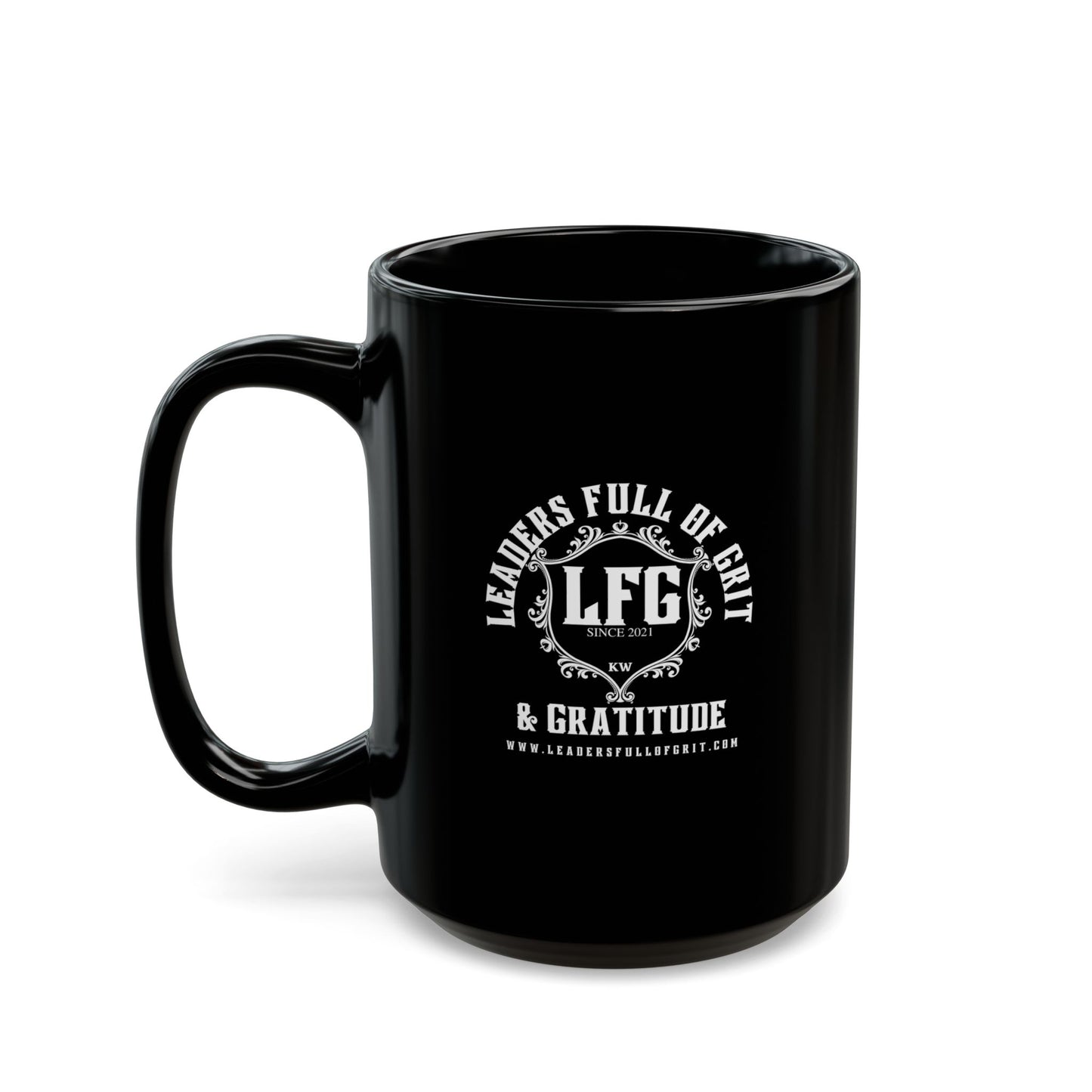 "Leadership & Gratitude Coincide" Leaders Full of Grit Black Mug (15oz)