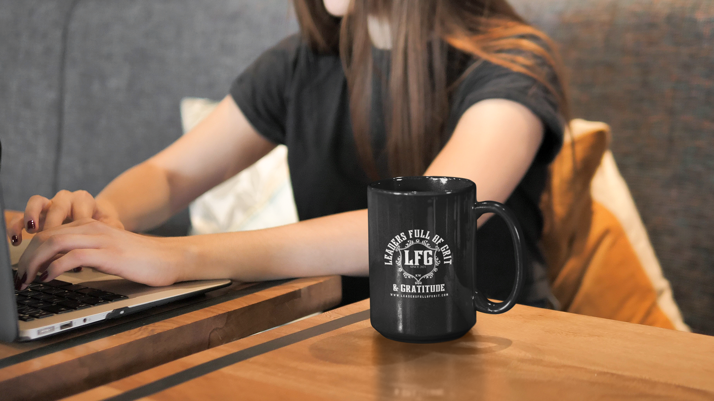 "Leadership & Gratitude Coincide" Leaders Full of Grit Black Mug (15oz)